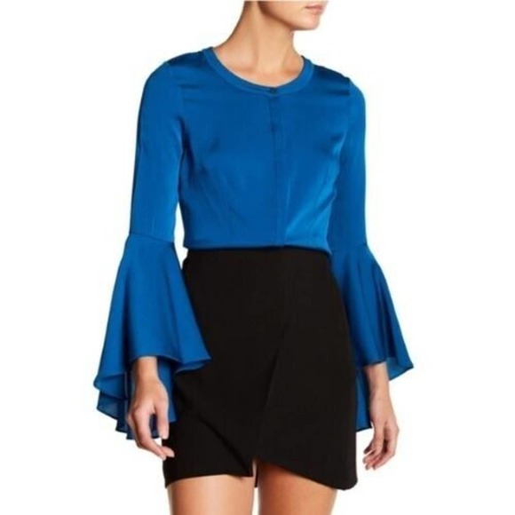 MILLY Size 6 Blue Trumpet Flare Sleeve Button Front Silk Blouse - Picture 1 of 7